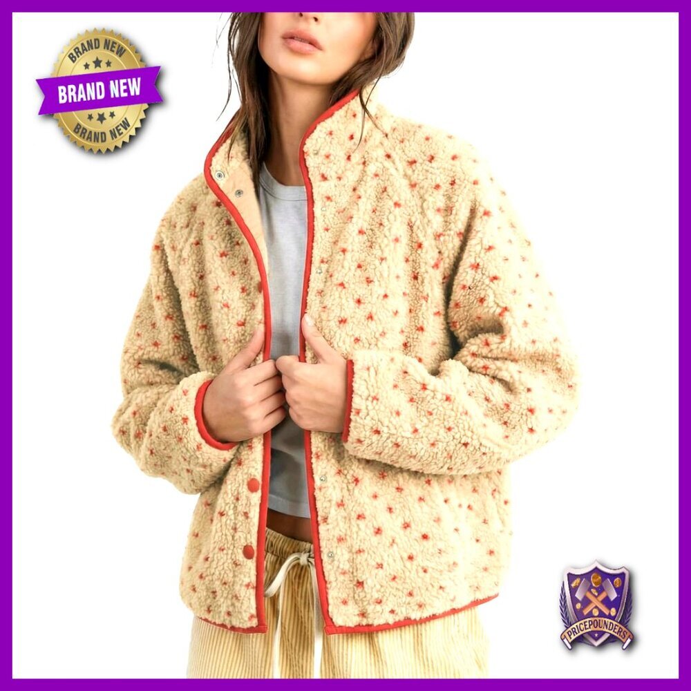 Polka Dot Sherpa Puffer Jacket Oversized Slouchy Fleece Button Down High Neck